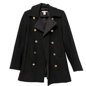 H&M Double Breasted Peacoat Wool Blend Jacket Black Gold Size 2 Buttons Warm Y2K